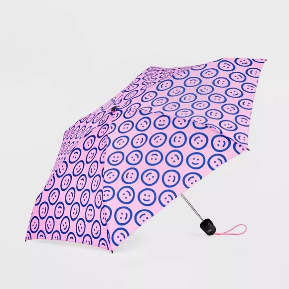 ShedRain Mini Manual Compact Umbrella - Pink/Blue Smiley - Picture 1 of 3